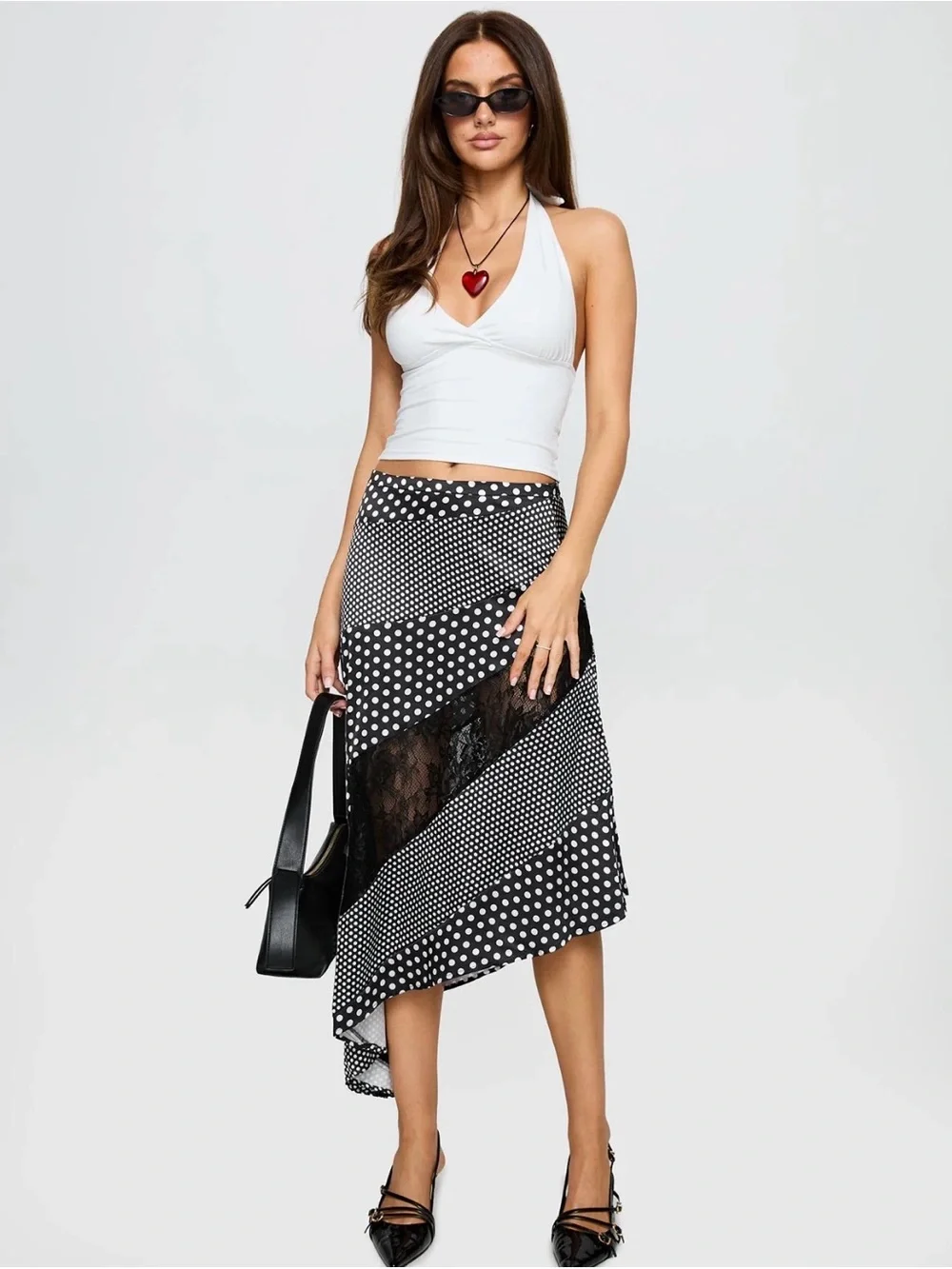 Princess Polly Black & White Polka Dot Asymmetrical Midi Skirt - Picture 3 of 4